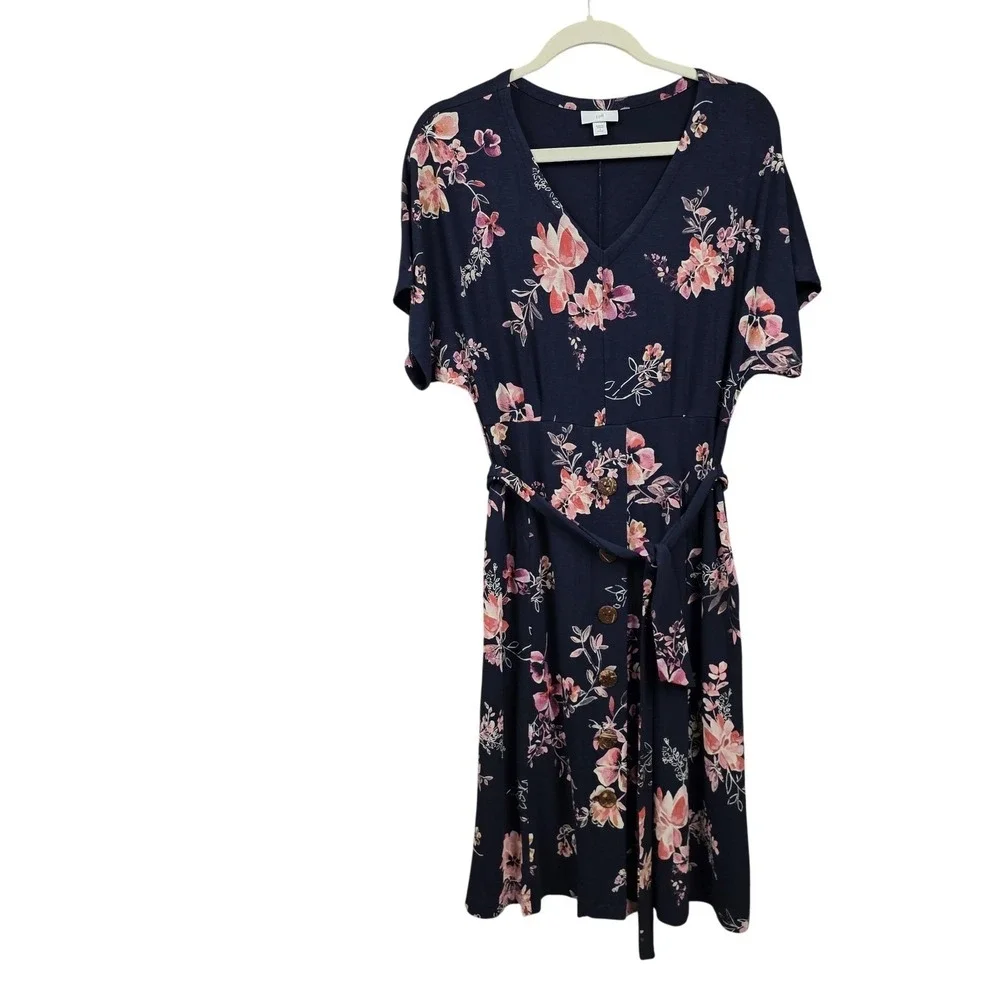 J Jill Dress Women S Petite Blue Floral Button Belted Fit & Flare Knee Length - Picture 2 of 8